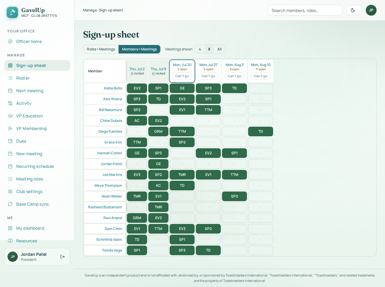 The GavelUp sign-up sheet: members claiming meeting roles across upcoming meetings.