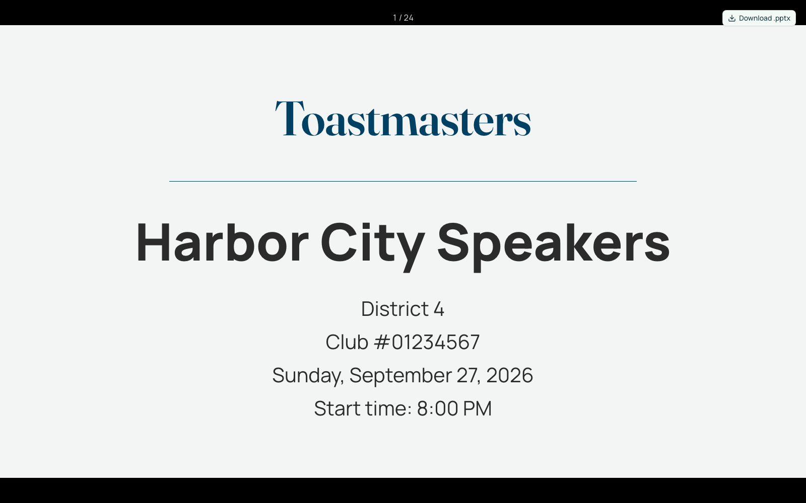 GavelUp's present mode for Harbor City Speakers, a sample club: the agenda shown as a full-screen slide for the projector.