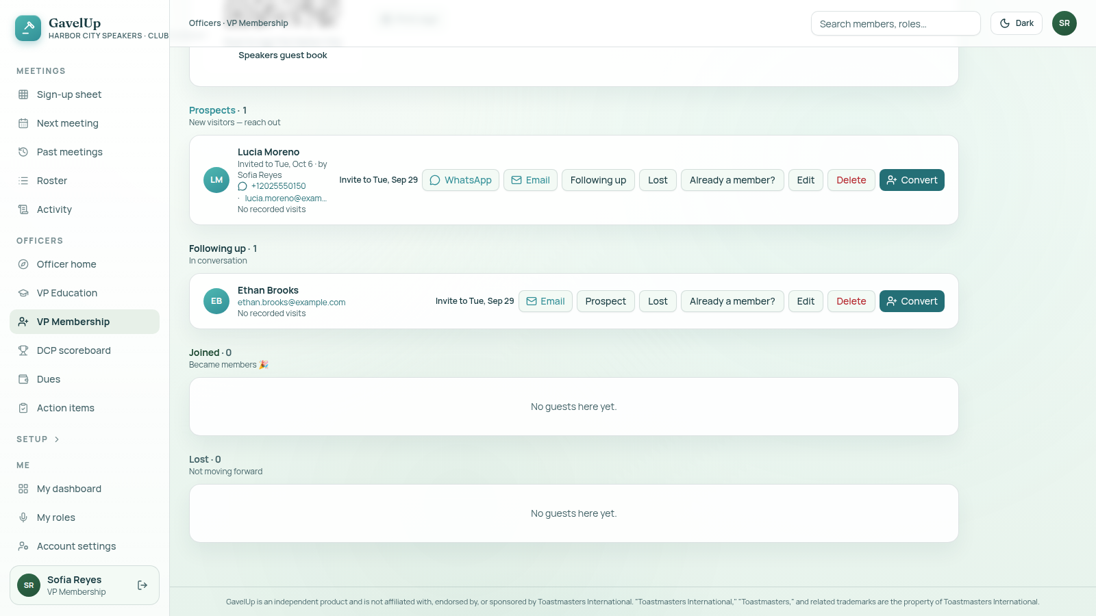 GavelUp's VP Membership guest pipeline for Harbor City Speakers, a sample club: guests with a one-tap invite to the next meeting and who already invited them.